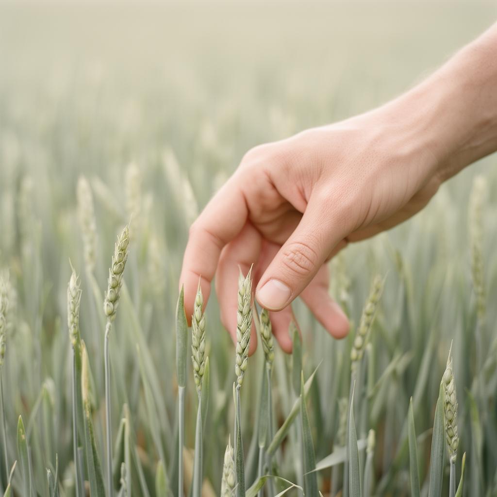 A hand touching young wheat sprouts